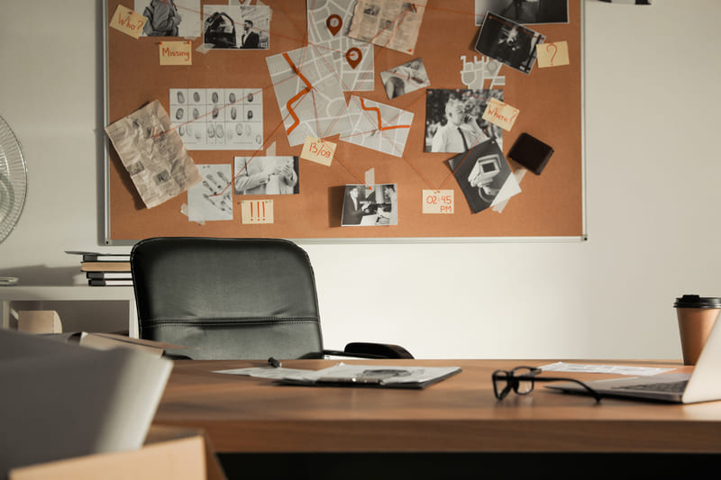 An office desk with papers, glasses, laptop, and coffee cup. Behind it, a bulletin board filled with various photos, notes, and a city map with pins and string connections hints at the private investigator's meticulous work.